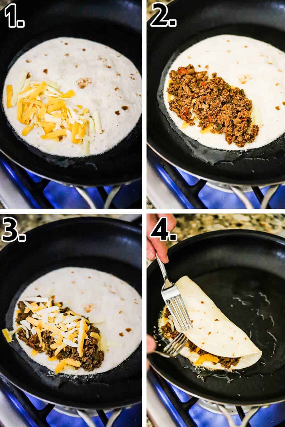 A flour tortilla with shredded cheese on it in a skillet, and then with meat on it, more cheese, and then it folded into a taco with two forks. 