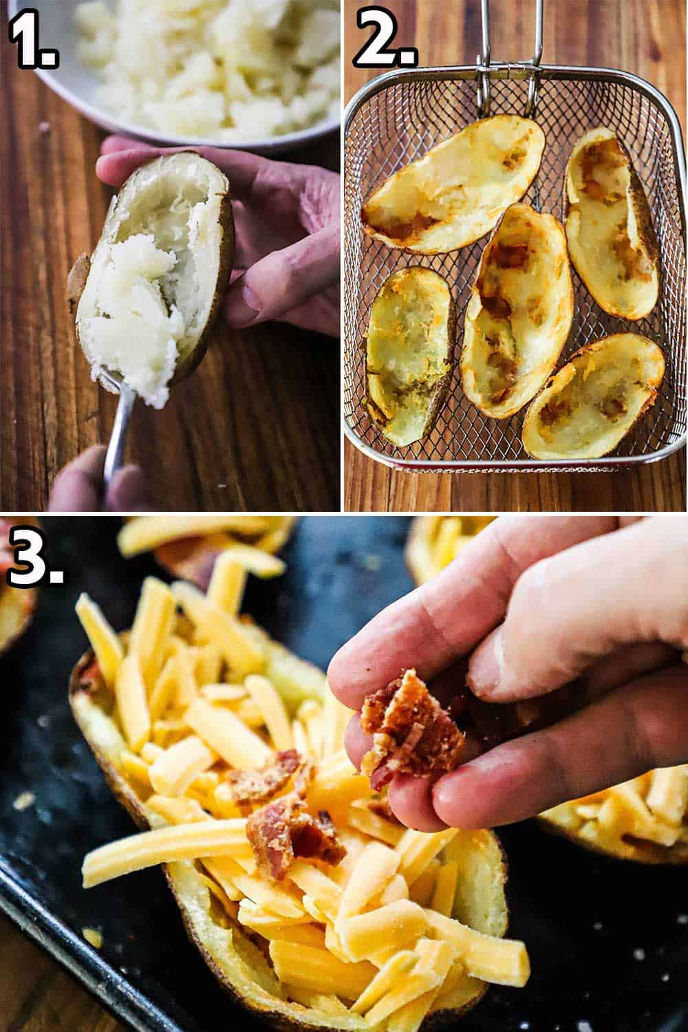 A person using a spoon to scoop out the flesh of a cooked potato half, and then 5 potato skins in a fryer basket and then bacon being added to a potato skin.