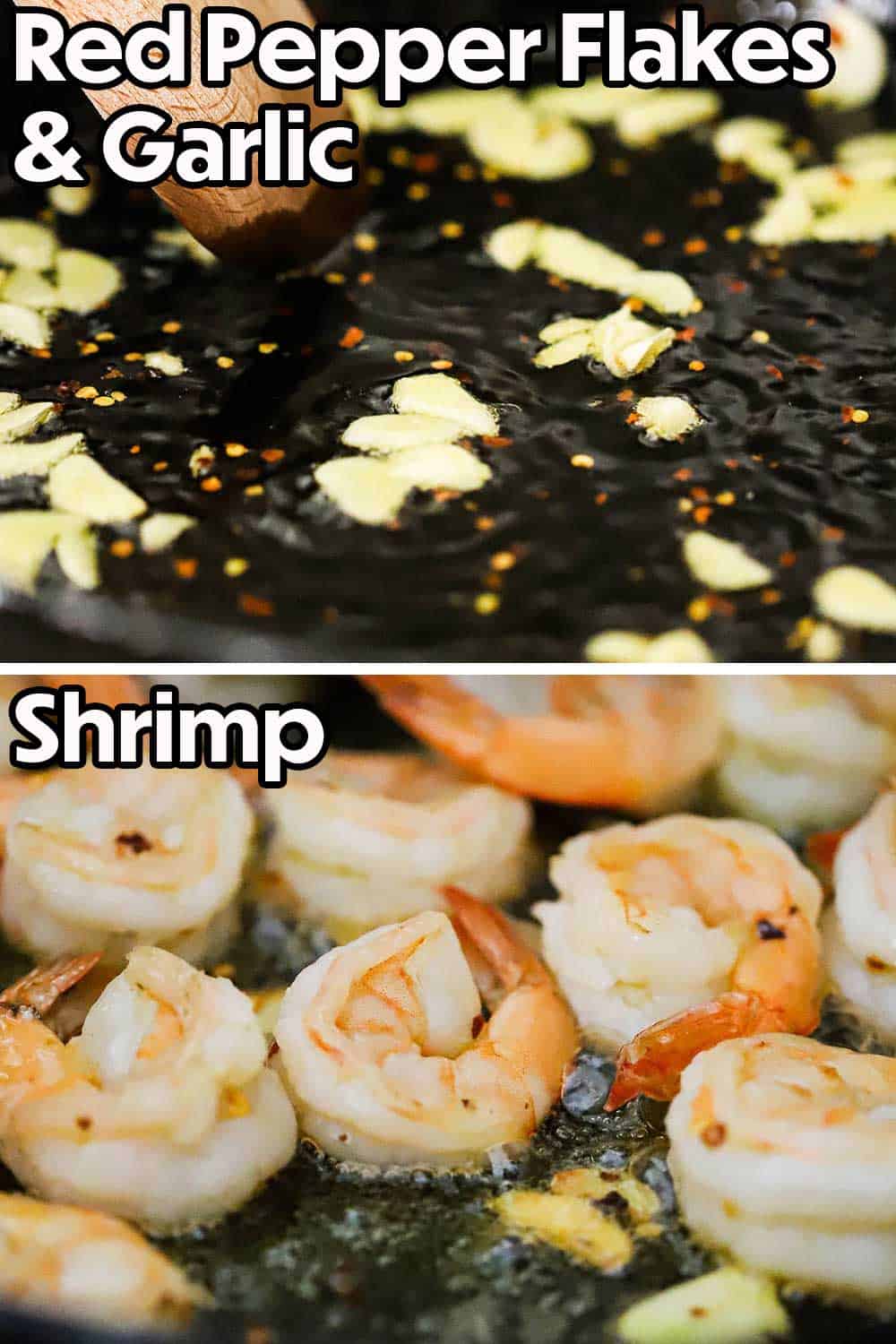 A skillet filled with garlic slivers and red pepper flakes being sautéed and then the same skillet with cooked shrimp in it along with the garlic and pepper flakes. 