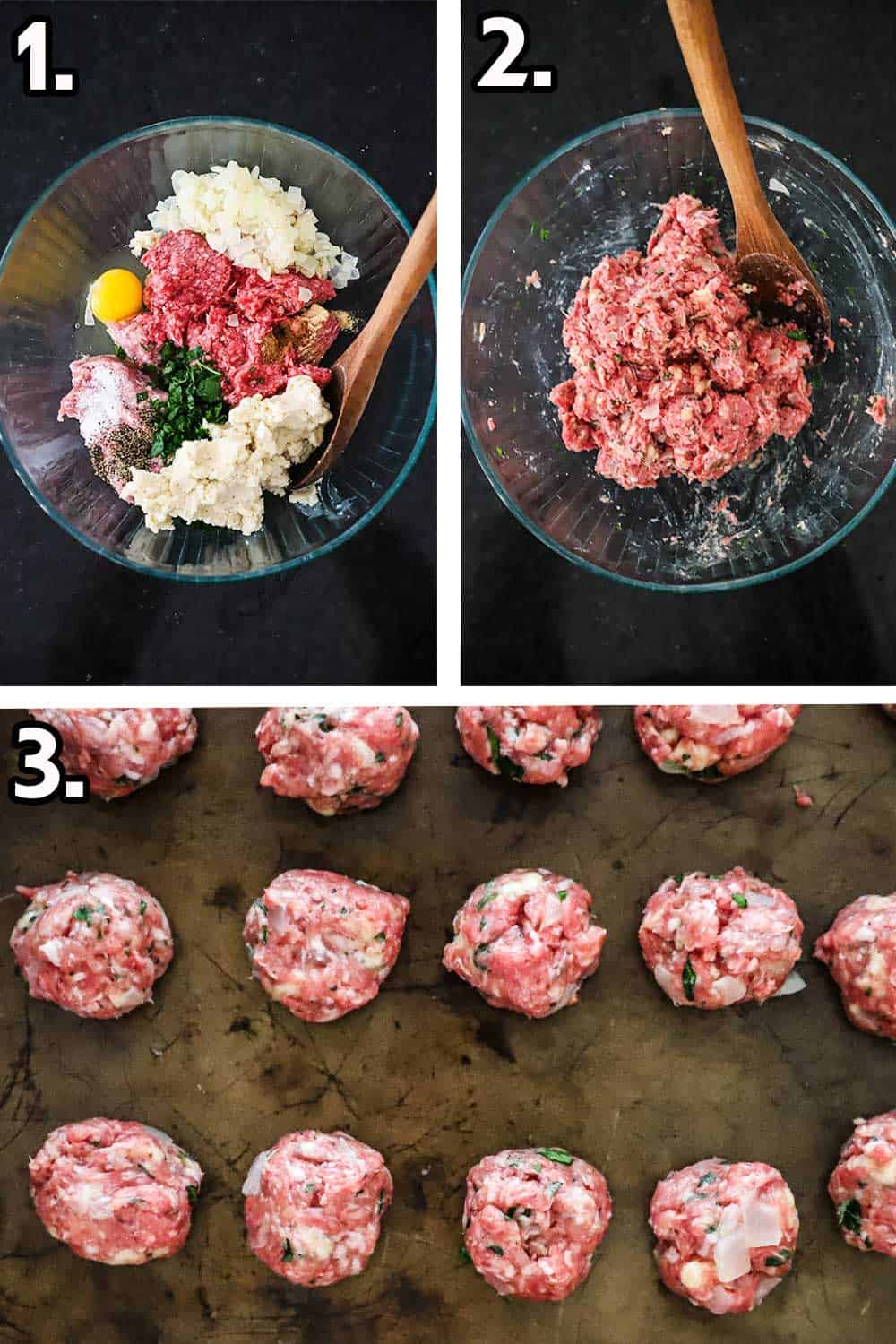 A glass bowl filled with ground meat, an egg, chopped parsley, spices, and milked-soaked breadcrumbs, and then the same bowl after everything is mixed, and then a baking sheet with uncooked meatballs on it.