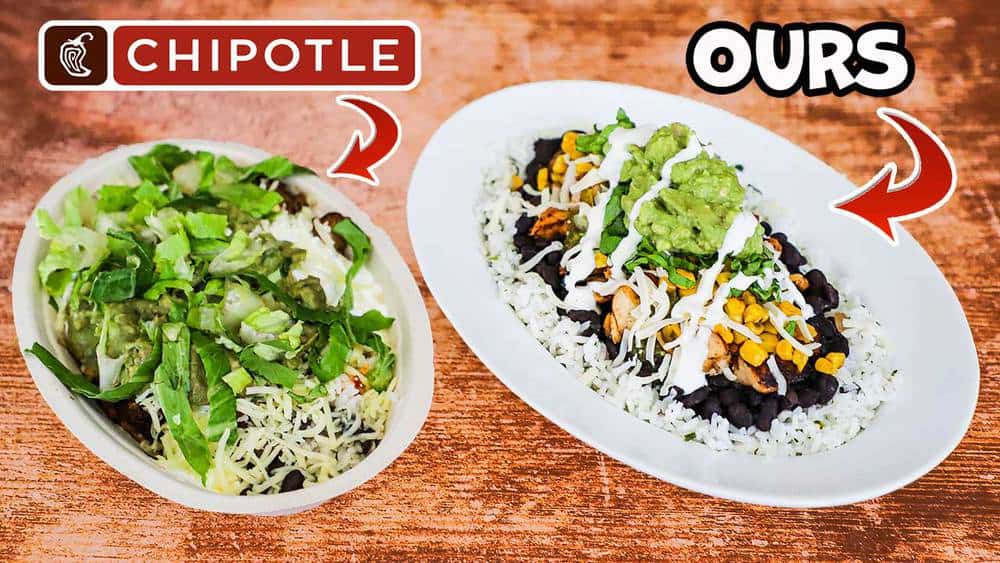 A Chipotle burrito bowl on the left and another homemade burrito bowl on the right.