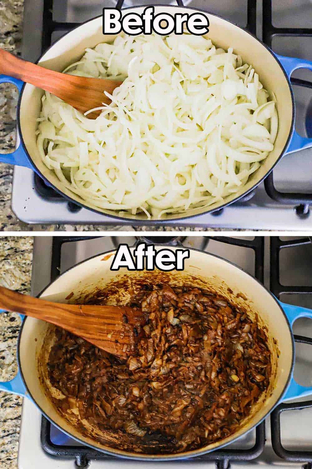 A large oval blue Dutch oven filled with uncooked onions and then the same pot filled the same onions that have been caramelized.