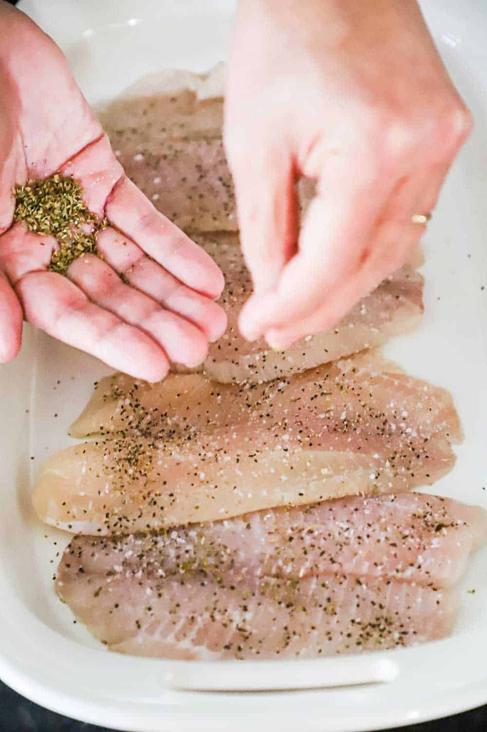 A person sprinkling dried oregano onto uncooked tilapia fillets that are resting in a white baking dish. 