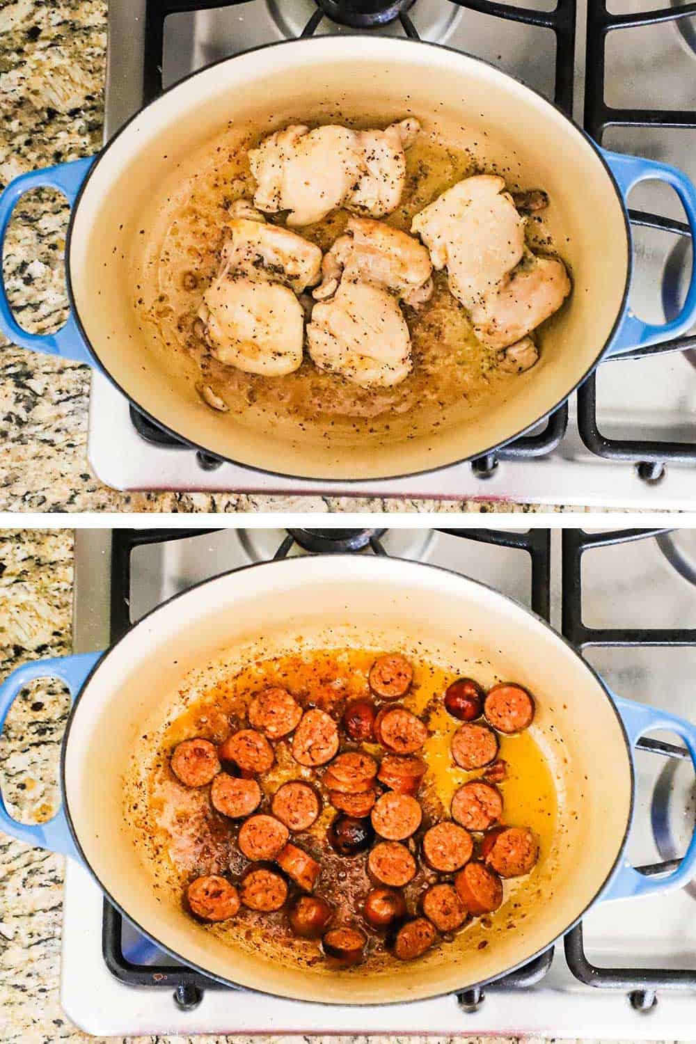 A large oval blue Dutch oven sitting on a stovetop with seared chicken thighs in it and then the same pot with seared slices of Andouille sausage in it.