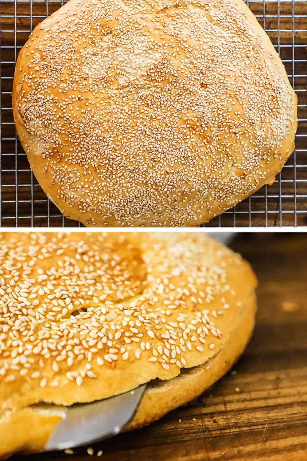 A round Sicilian sesame loaf of bread sitting on a baking rack and then that same loaf being sliced horizontally by a serrated knife.