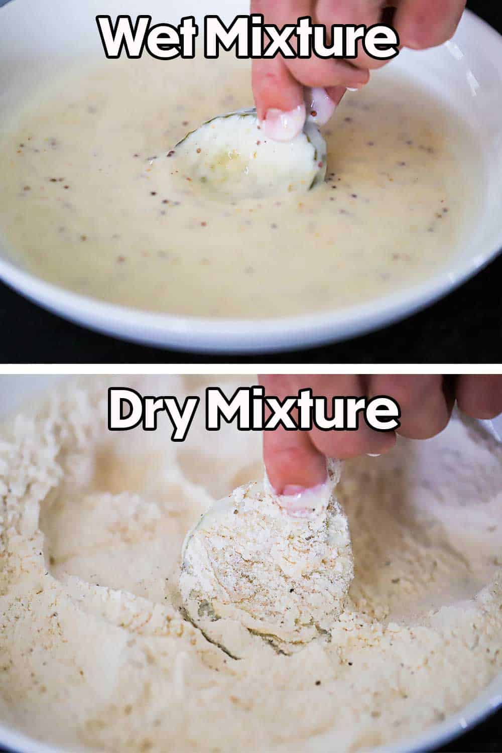 A person dipping a pickle chip into a white bowl filled with a buttermilk and mustard mixture and then that chip being dredged in seasoned flour.