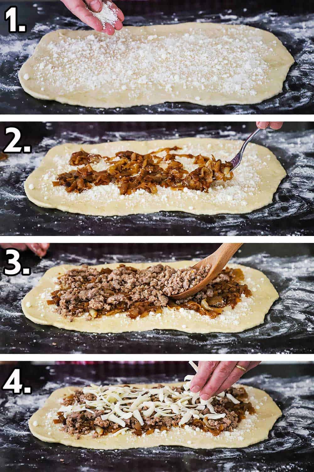 A person sprinkling grated Parmesan cheese on a rectangular piece of pizza dough, and then caramelized onions being added, then cooked sausage, and then shredded mozzarella cheese.