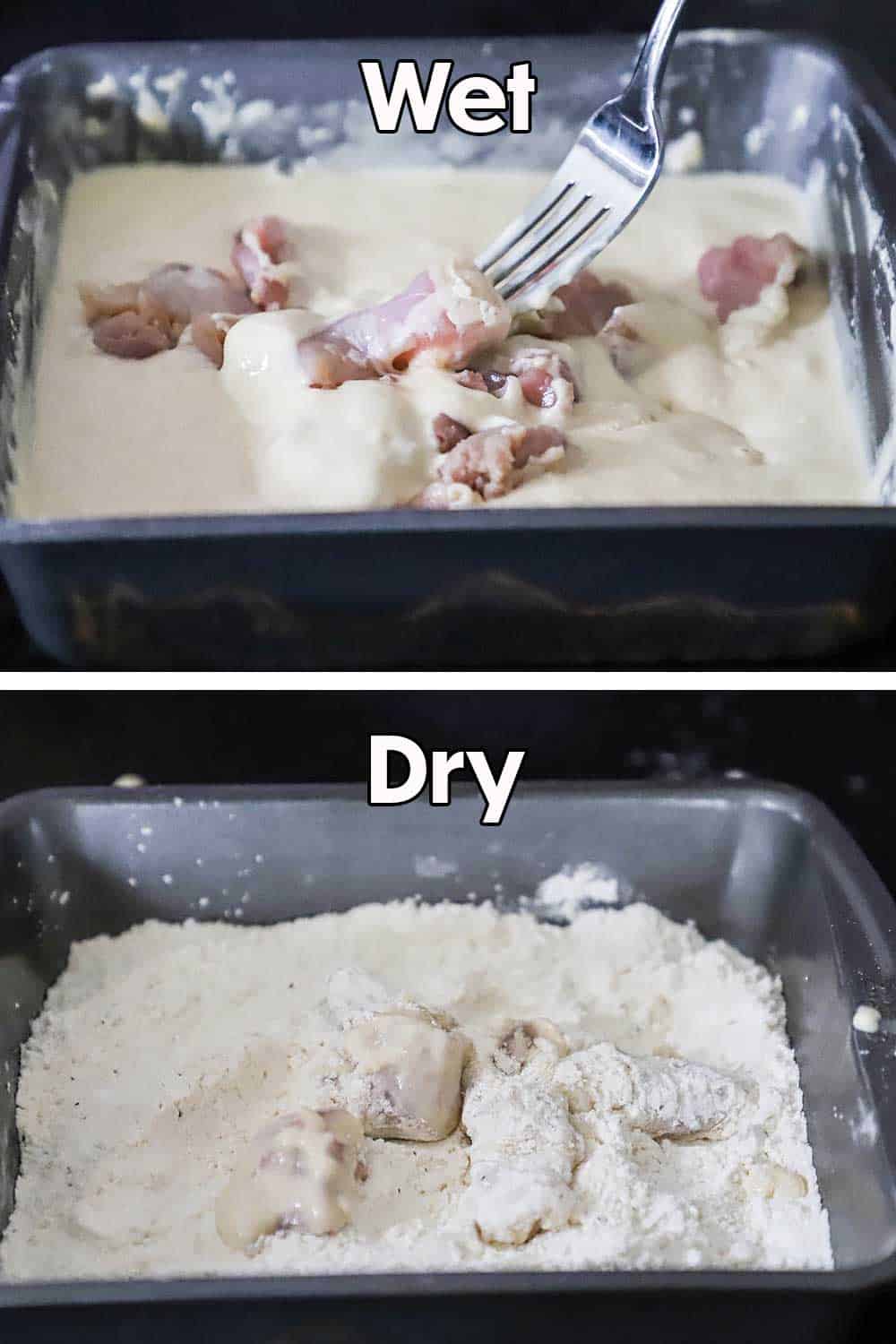 A fork being used to dredge chicken pieces in a wet batter in a pan and then those pieces dredged in flour.