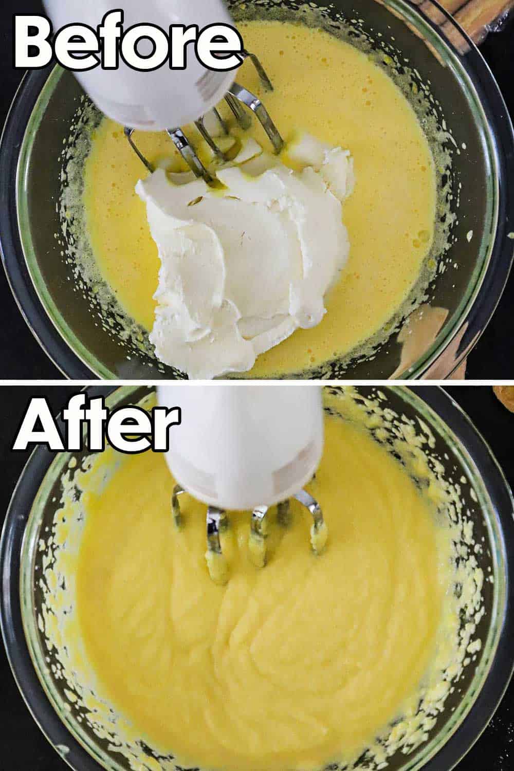 A glass bowl filled with creamed eggs and sugar with mascarpone being added and then the same bowl after the cheese has been blended in.