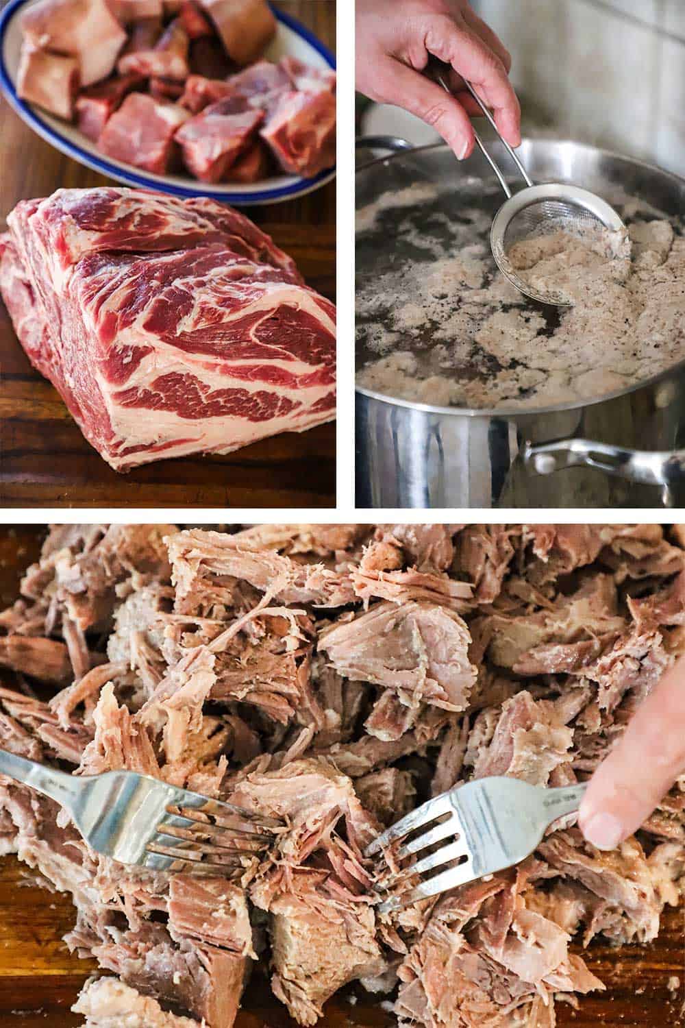 A large pork shoulder sitting on a cutting board next to a platter filled with pork bones and then a person skimming impurities off of pork stock and then a person shredded the pork with forks.