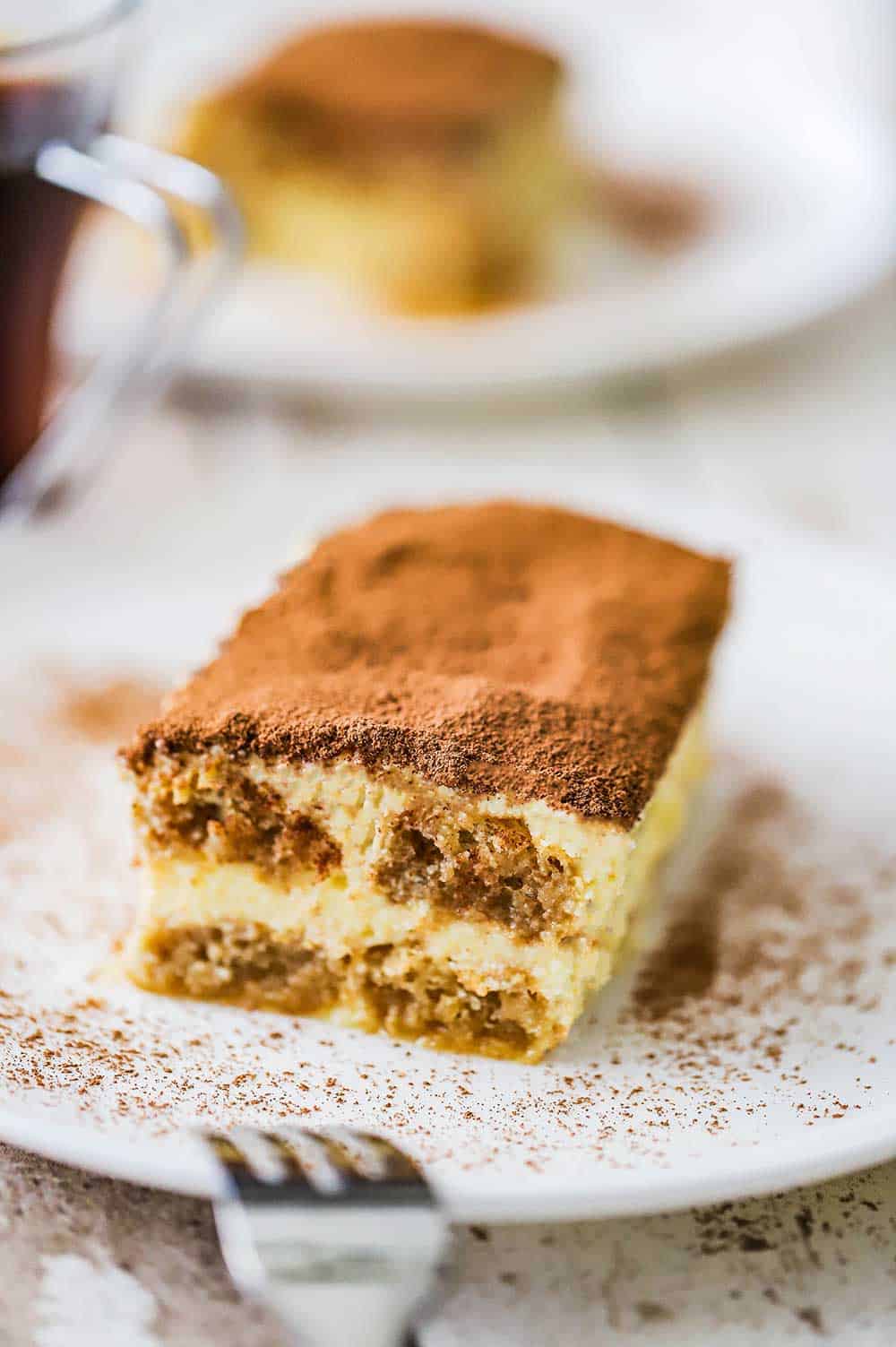 A circular white dessert plate filled with a square piece of tiramisu.