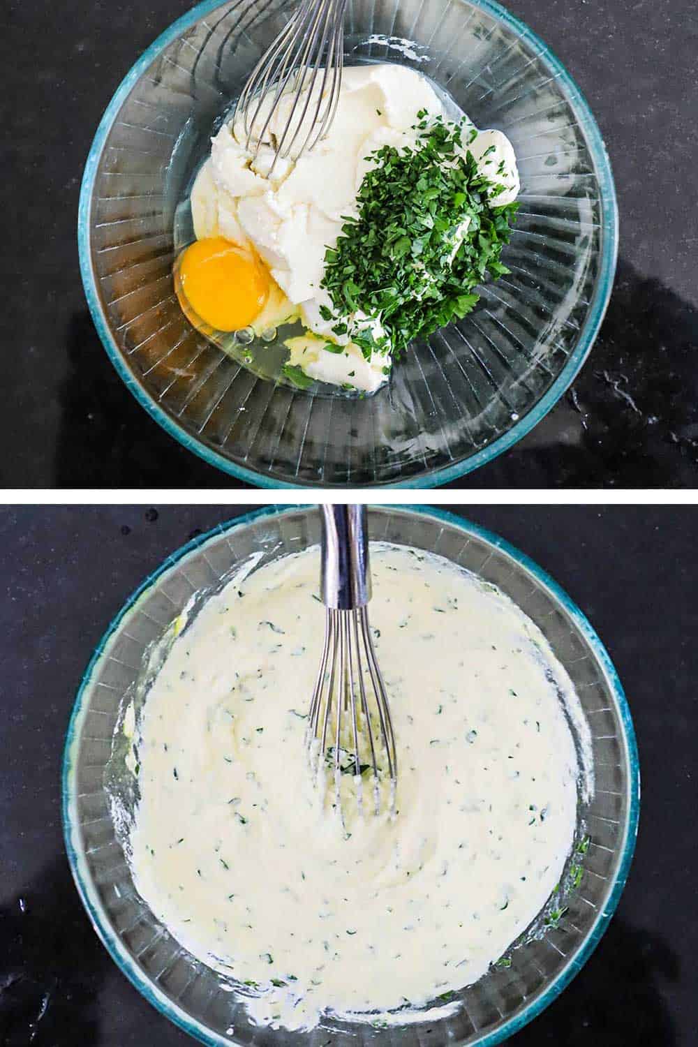 An overhead view of a glass bowl filled with ricotta cheese, chopped parsley, egg, and parmesan cheese, and then the same bowl with everything whisked together.