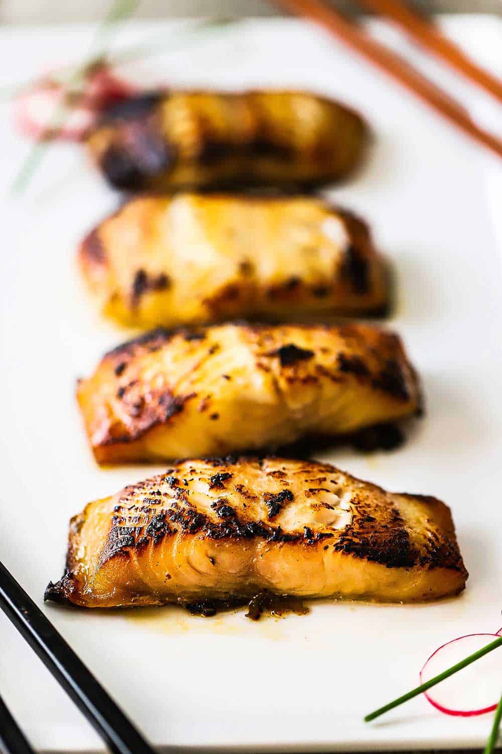 Four miso black cod fillets on a white rectangular platter.