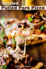 A slice of pulled pork pizza that is being raised from the whole pizza with a several strands of cheese being pulled.