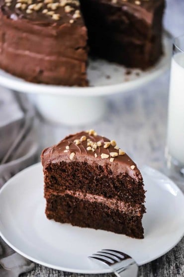 A single slice of classic chocolate cake sitting upright on a white dessert plate.