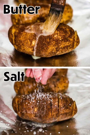 Two images that first show a sliced russet potato being brushed with melted butter and then another being salted.