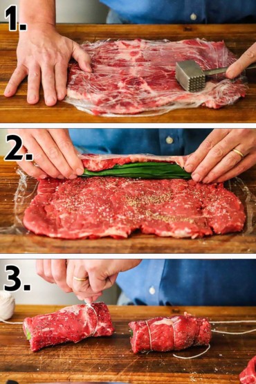 A person using a mallet to flatten steak and then that steak being rolled with scallions and then the roll being tied with string.
