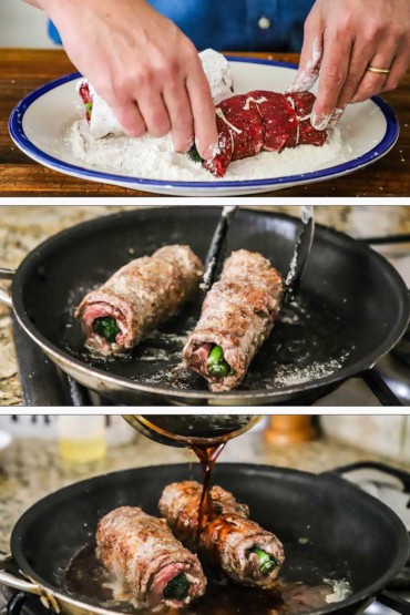 A person rolling a beef roll in cornstarch and then searing it in a skillet and then adding an Asian brown sauce. 