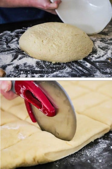 First, a mound of beignet dough on a floured counter and then a pizza cutter cutting through the flattened dough.