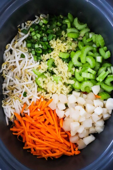 An overhead view of a slow-cooker filled with julienned carrots, bean sprouts, chopped scallions, minced garlic, sliced celery, and chopped water chestnuts.
