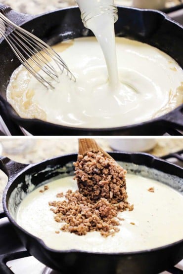 Cream is poured from a small glass bottle into a cast-iron skillet with a roux in it and then cooked sausage is added to the gravy.