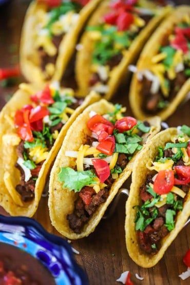 A close-up view of two rows of Tex-Mex beef tacos sitting up-right in a taco stands topped with chopped lettuce, tomatoes, and shredded cheese.