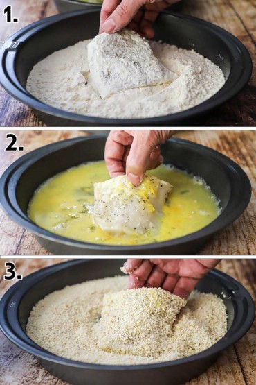 A person dredging a fish fillet through flour, and then an egg bath, and then Panko bread crumbs.
