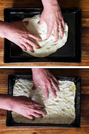 An overhead view of a pair of hands dimpling pizza dough in a rectangular pan that has been oiled and then another view of the same dough that has been stretched to the corners of the pan.