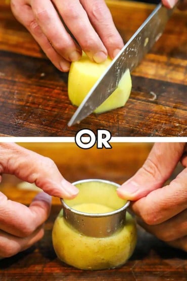 Two images showing a person using a chef's knife to cut a potato into a 2-inch sphere and another showing a person using a cookie cutter to from a 2-inch potato sphere.