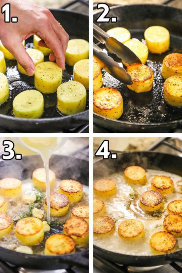 Four photos, the first is a person placing potato spheres in a skillet, and the next is the spheres being seared, and then chicken stock pouring in, and then the stock simmering with the potatoes.