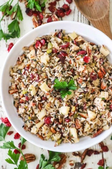 An overhead view of a white bowl filled with a wild rice pilaf with pecans and cranberries, as well as cubed apples, pancetta, and herbs.