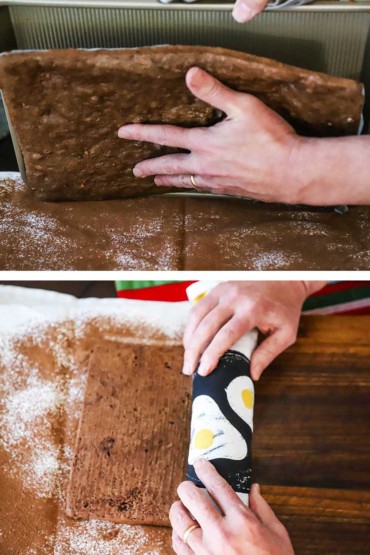 Two photos with the first being a person guiding a chocolate sponge cake out of the baking pan and then that person rolling the cake with a kitchen towel.