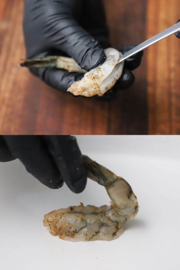 Two photos with the first being a person butterflying a shrimp and then the next that shrimp being placed, tail-side down, on a baking dish.