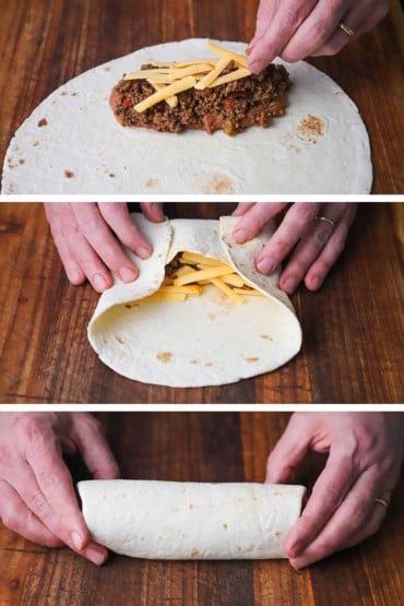 Three images with the first being a person adding cheese on top of a ground beef mixture sitting on a flour tortilla and then next the tortilla being rolled up and then the person tucking in the sides of the rolled tortilla.