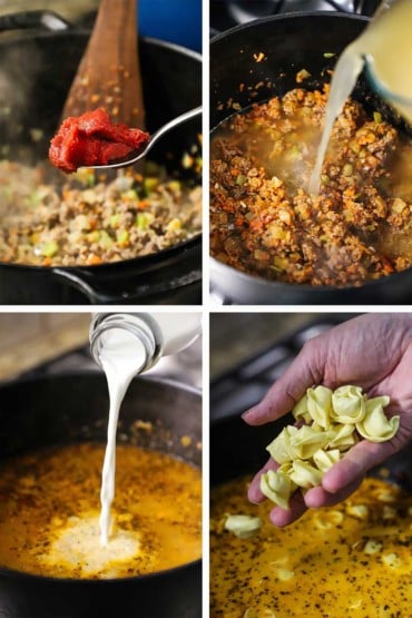 Four images of someone making soup with the first being tomato paste being added to a pot of cooked ground Italian sausage then broth being poured in, then cream, and finally fresh tortellini.