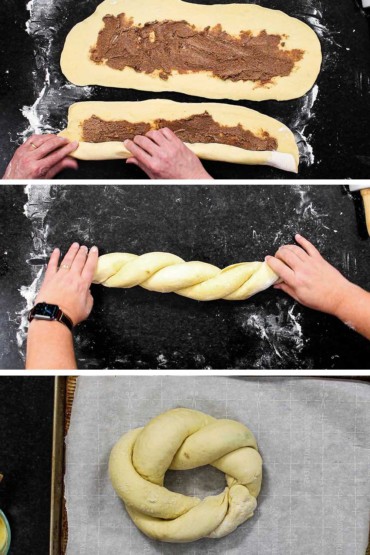 Three images with the first being two rectangular pieces of dough with a cinnamon mixture on them, and then the dough rolled into a braid and then finally the braid made into a circle. 