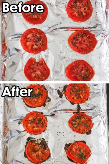 Two images with the first being six slices of tomato sitting on a foil-lined baking sheet and seasoned with salt, pepper, and thyme, and then the other photo of them after they have been roasted for 30 minutes.
