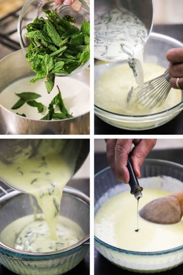 Four images with first being fresh mint going into saucepan of simmering cream and then cream into bowl of whisked eggs then the mixture through a sieve into a glass bowl and then green food coloring being poured into the mixture.