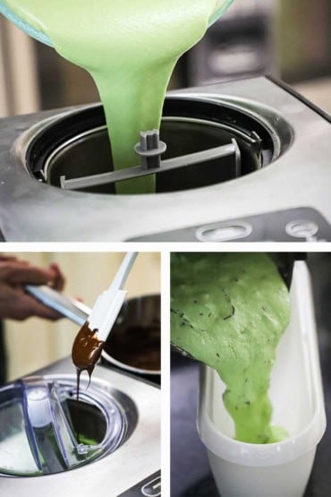 Three images with the first being green custard being poured into an electric ice cream maker and then chocolate being drizzled into the freezing custard and then the soft ice cream being transferred into a container.