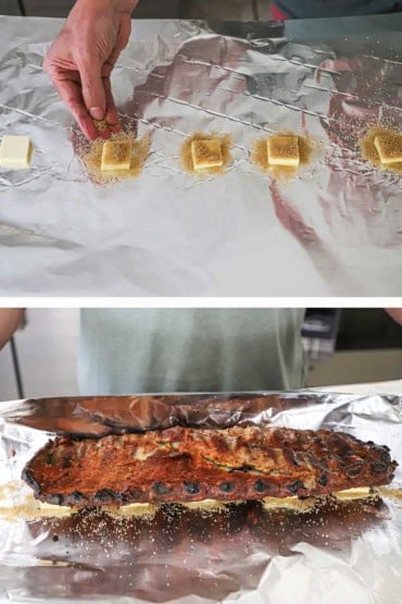 Two images with the first being a person sprinkling brown sugar over the tops of pads of butter that are on a sheet of foil and then a partially cooked rack of ribs resting on the butter and sugar.