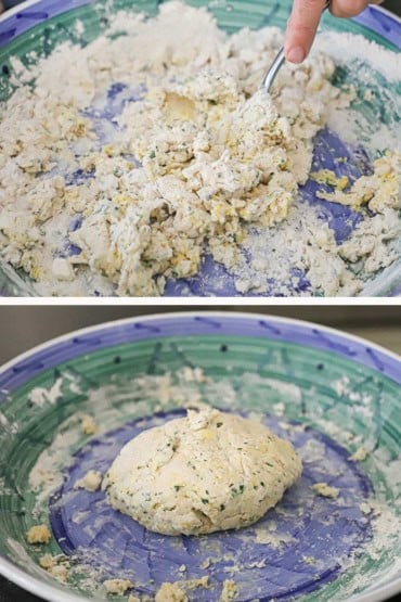 Two images with the first being a person bringing together a very loose and shaggy dough in a shallow bowl and then an image of the dough after it has formed a ball.