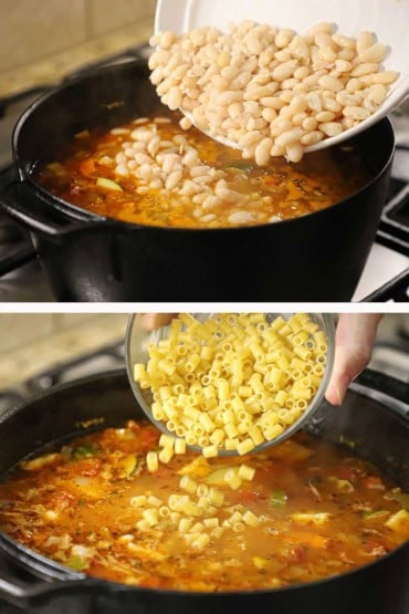 Two images with the first a person transferring cooked white beans from a white bowl into a pot of simmering minestrone soup and then the next is small tubular pasta being transferred into the pot.