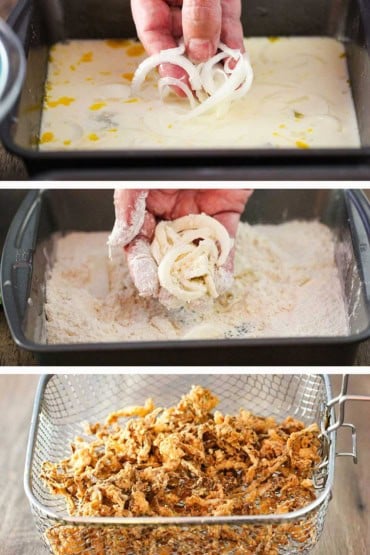 Three images with the first being onion strips being dropped into a milk and egg wash and then the onions being dredges through seasoned flour and then the onions in a wire basket after being fried.