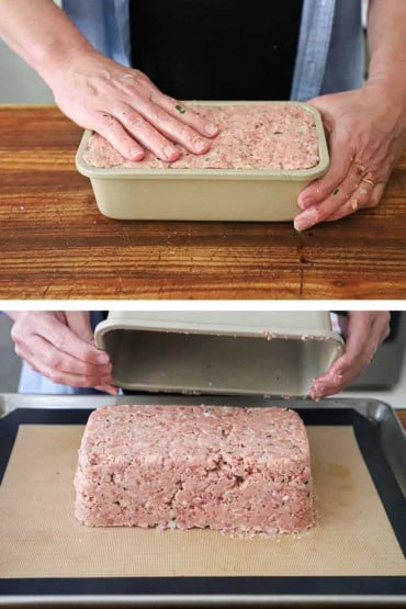 Two photos with the first being a person pressing an uncooked ham loaf into a laf pan and then a photo of the ham loaf that has been inverted and removed from the pan.