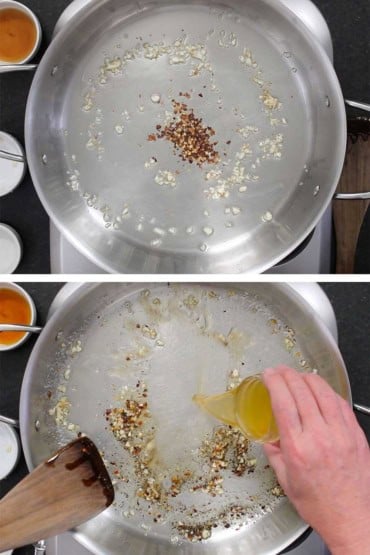 Two photos with the first an overhead view of a large skillet filled with sautéed garlic and red pepper flakes and then the same skillet with a person pouring in chicken broth.