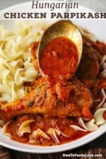 A close-up view of a person using a serving spoon to transfer chicken paprikash sauce over a cooked chicken leg in a shallow bowl also filled with cooked egg noodles.