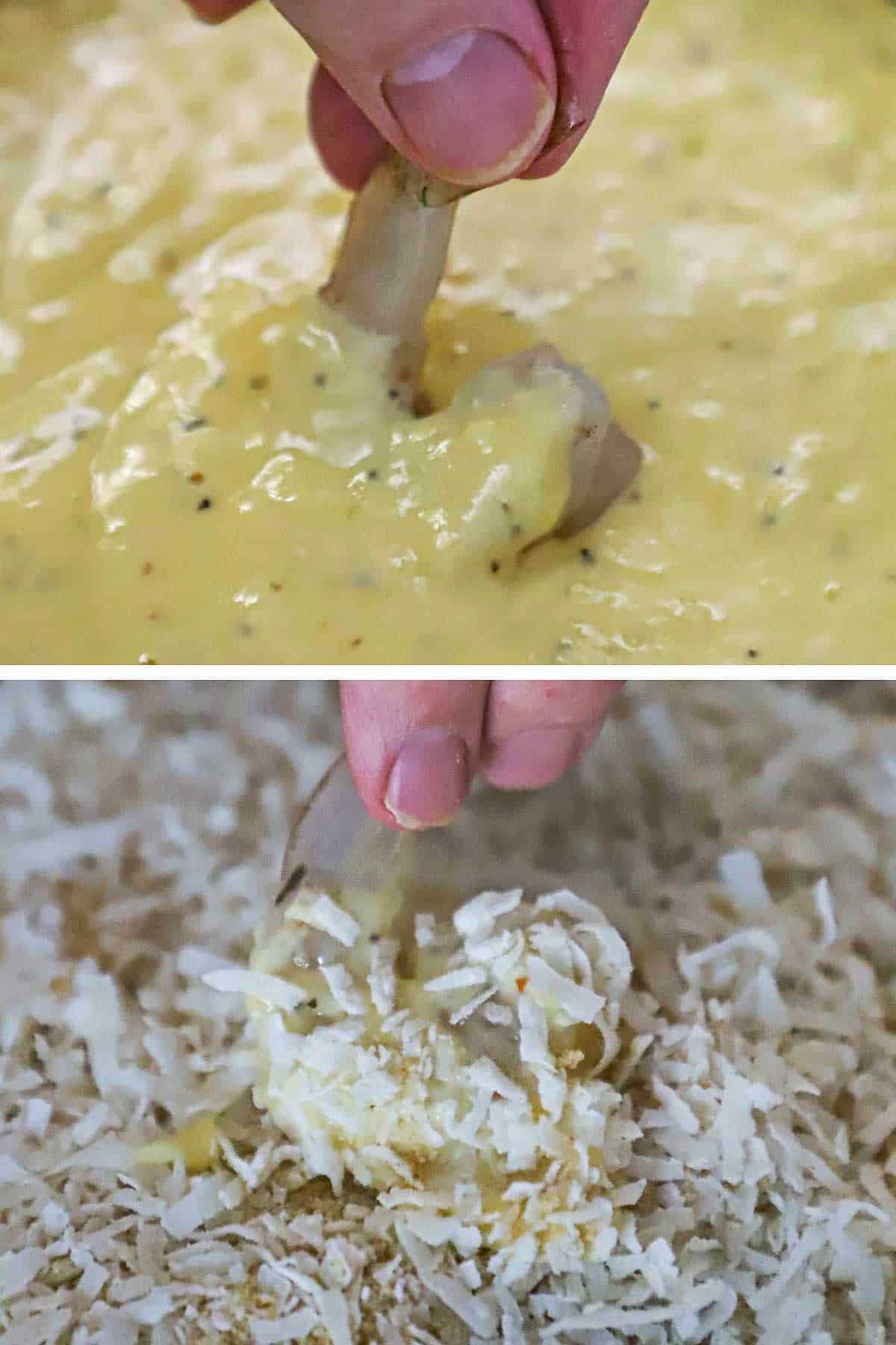 Two images with the first being a person plunging an uncooked peeled shrimp into a thick batter and then that shrimp being dredged in a coconut breadcrumb mixture.