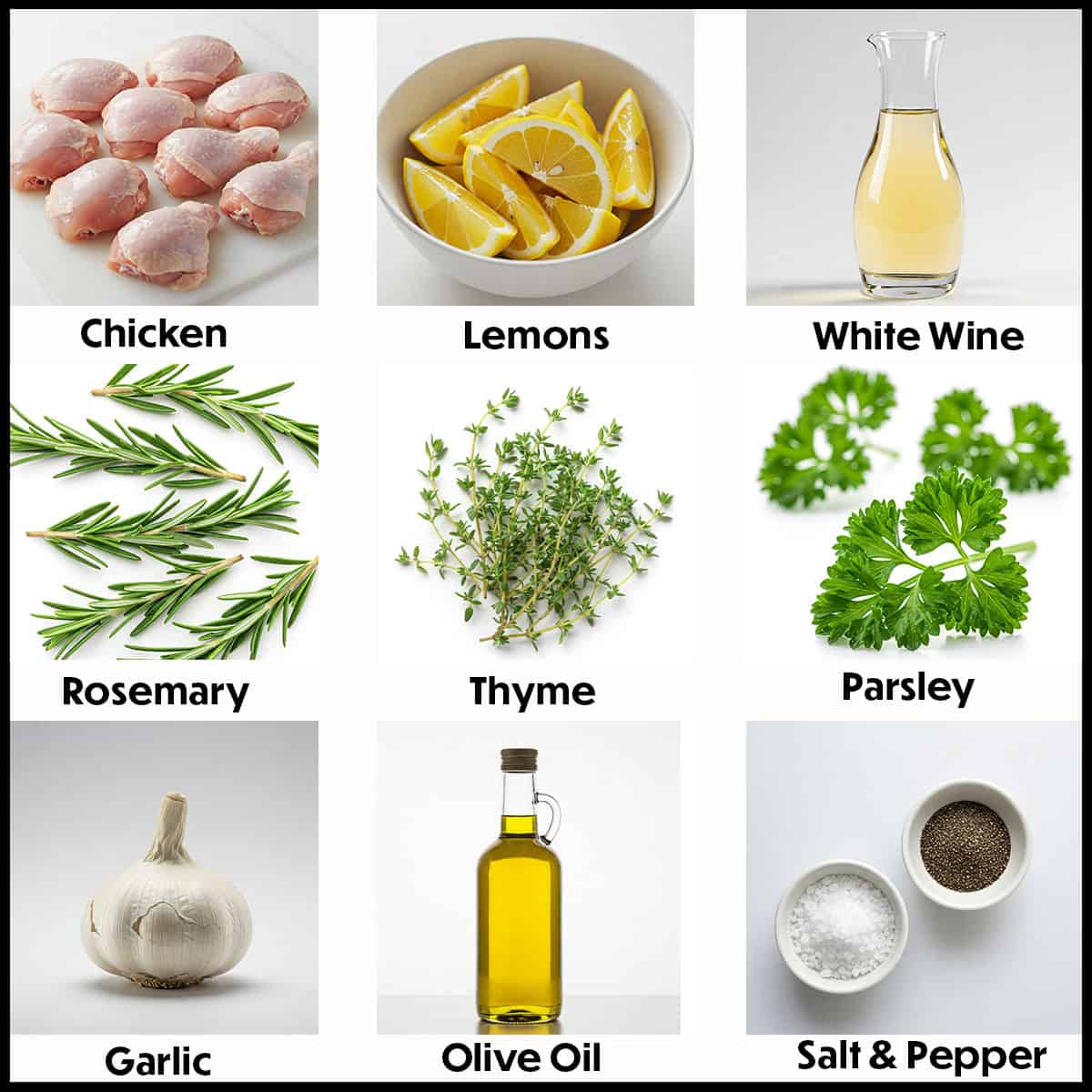 Three rows of ingredients used for lemon roast chicken including uncooked chicken pieces, lemon wedges, white wine, herbs, garlic, olive oil, salt, and pepper.