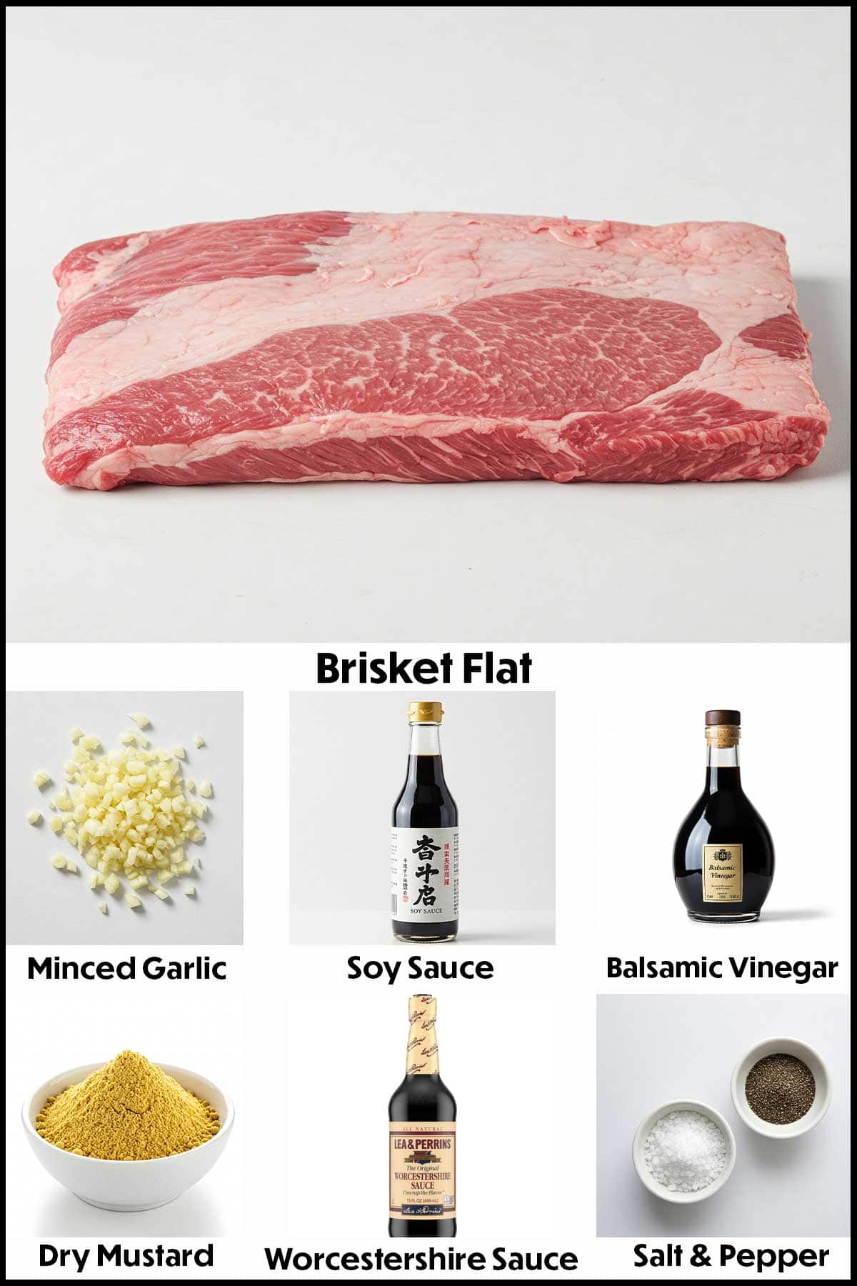 An arrangement of ingredients for slow-cooker brisket on a white background including a brisket flat, minced garlic, soy sauce, balsamic vinegar, dry mustard, Worcestershire sauce, salt, and pepper.
