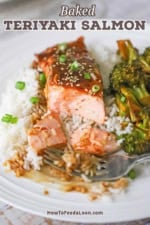A partially eaten fillet of baked teriyaki salmon resting on a bed of steamed white rice next to roasted broccoli on a white dinner plate.